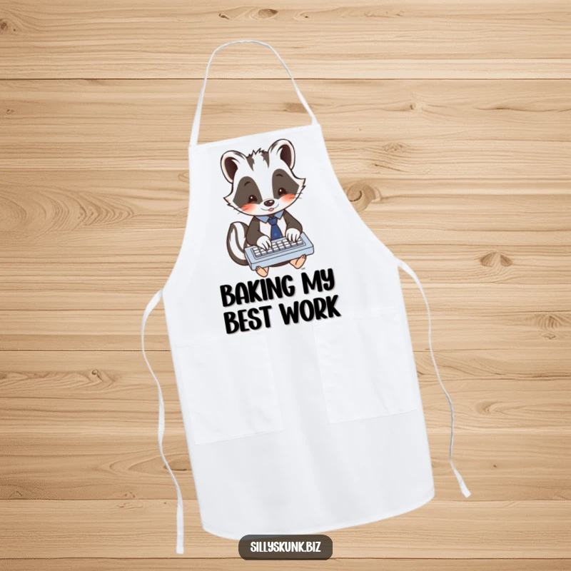 Funny skunk in a tiny tie, enthusiastically typing on a miniature keyboard, a humorous and practical apron.