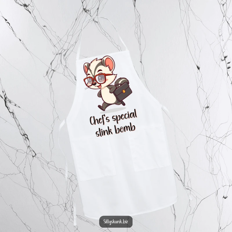 Funny skunk apron with a cute character wearing oversized glasses and rushing with a tiny briefcase.
