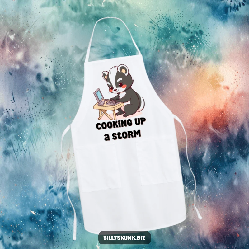 Funny apron with a cute skunk typing at a tiny desk, ready to assist in the kitchen with a smile.