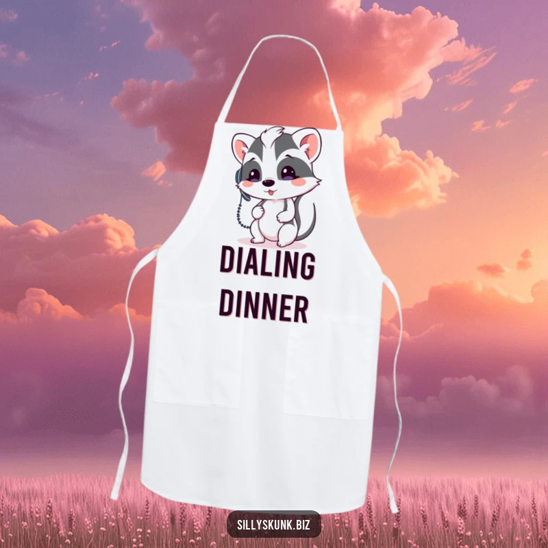 Funny skunk with a headset, holding a phone, wearing a chef's hat, on a humorous apron.