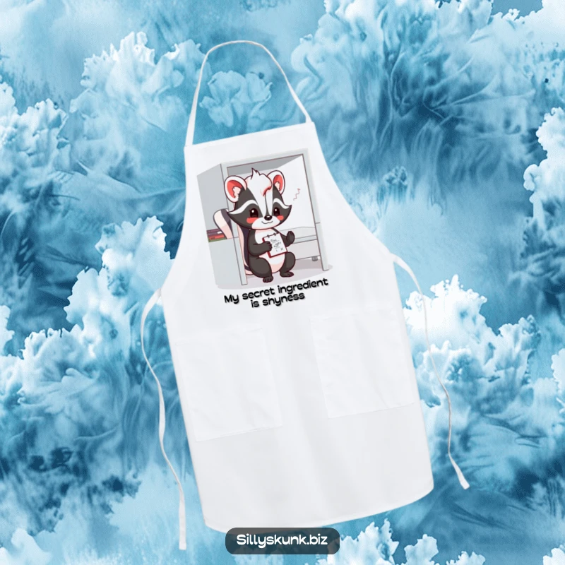 Funny skunk apron with a shy character doodling on a notepad in a small office cubicle.