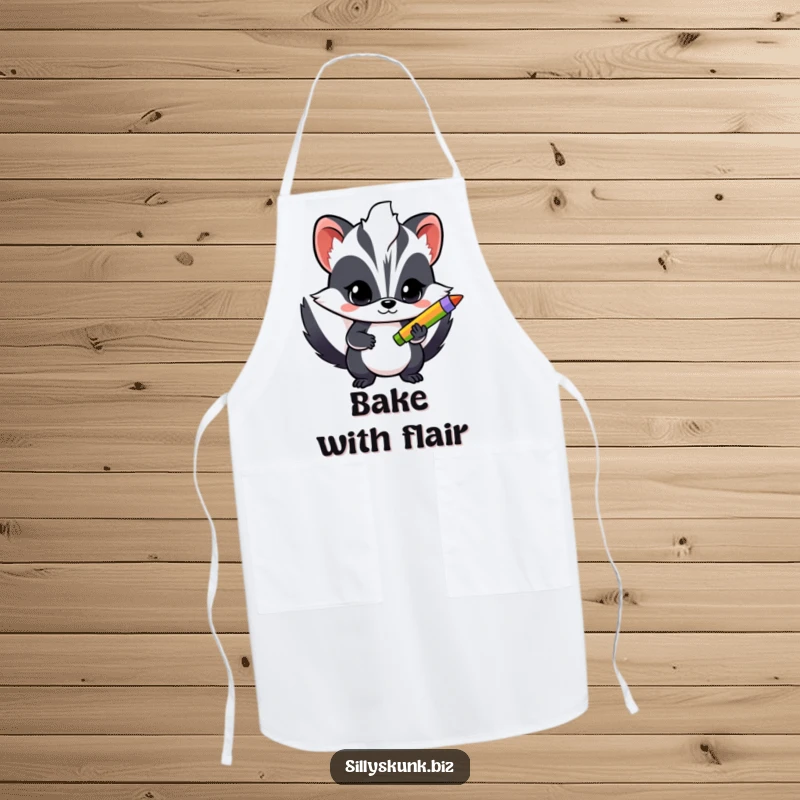 Funny apron with a determined skunk holding a bright pen, ideal for artists and crafters who work with focus.