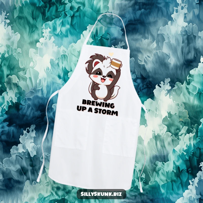 Funny skunk with a cheerful grin, enthusiastically holding a coffee cup overhead, a humorous and practical kitchen apron.