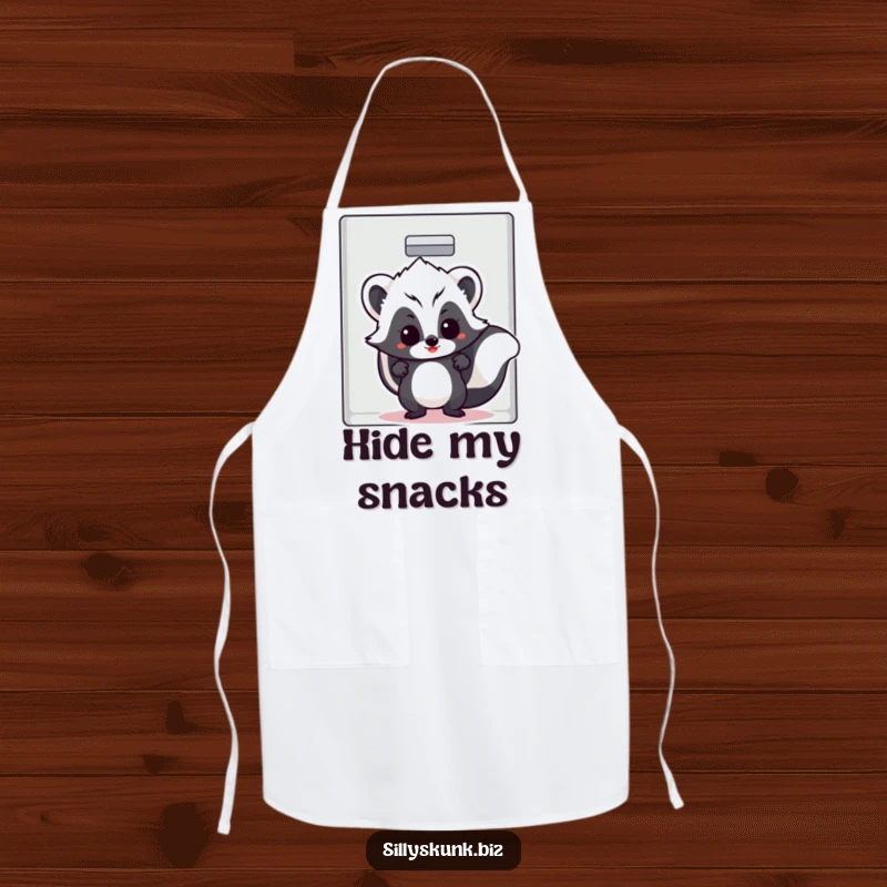 Funny skunk with a cheeky grin hiding in a filing cabinet, wearing a chef hat, on a humorous apron.