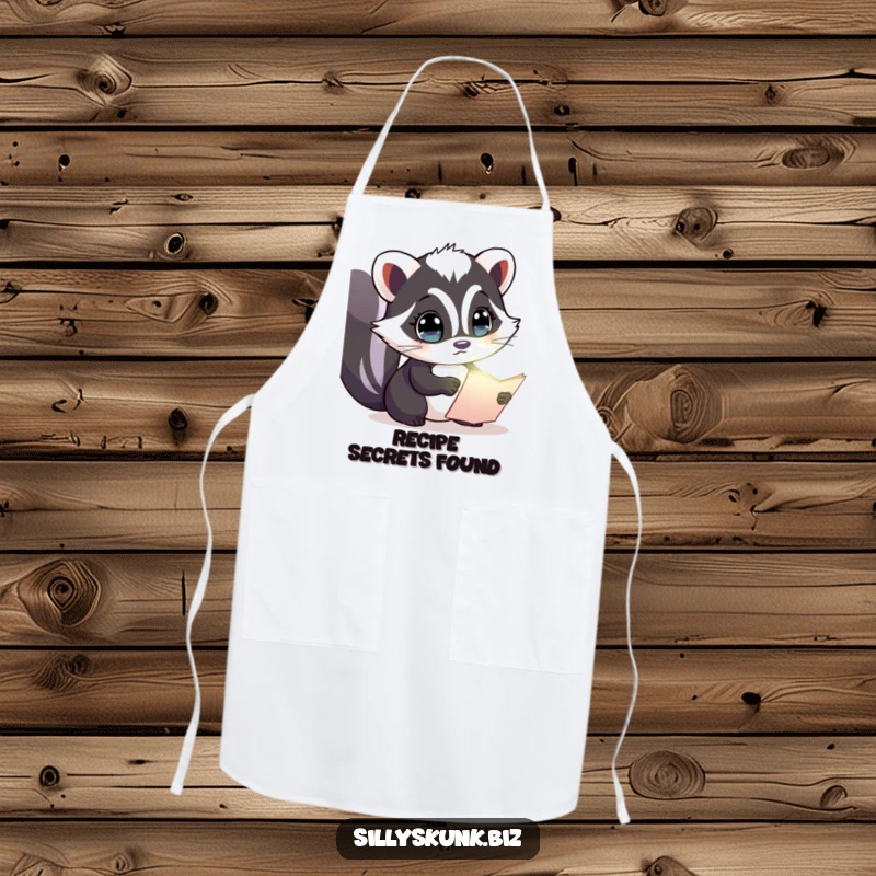 Funny apron with a curious skunk examining a glowing document, ready to help in the kitchen with a keen eye.