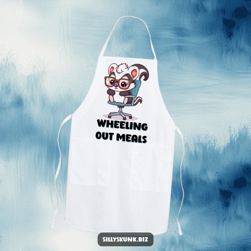 Cute skunk with oversized glasses, playfully sliding across an office chair, a humorous and practical apron.