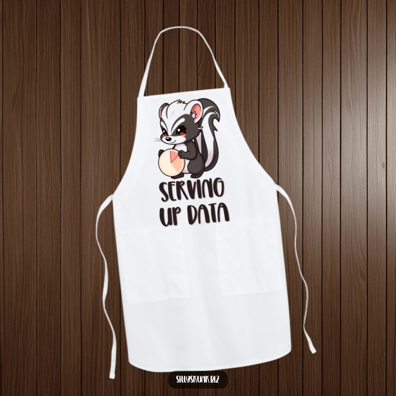 Funny skunk with a determined expression, proudly presenting a small pie chart, a humorous and practical apron.