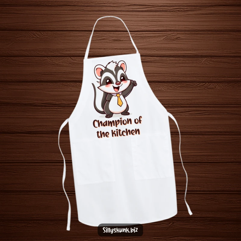 Funny skunk apron with a happy character wearing a tiny tie, doing a little triumphant fist pump.