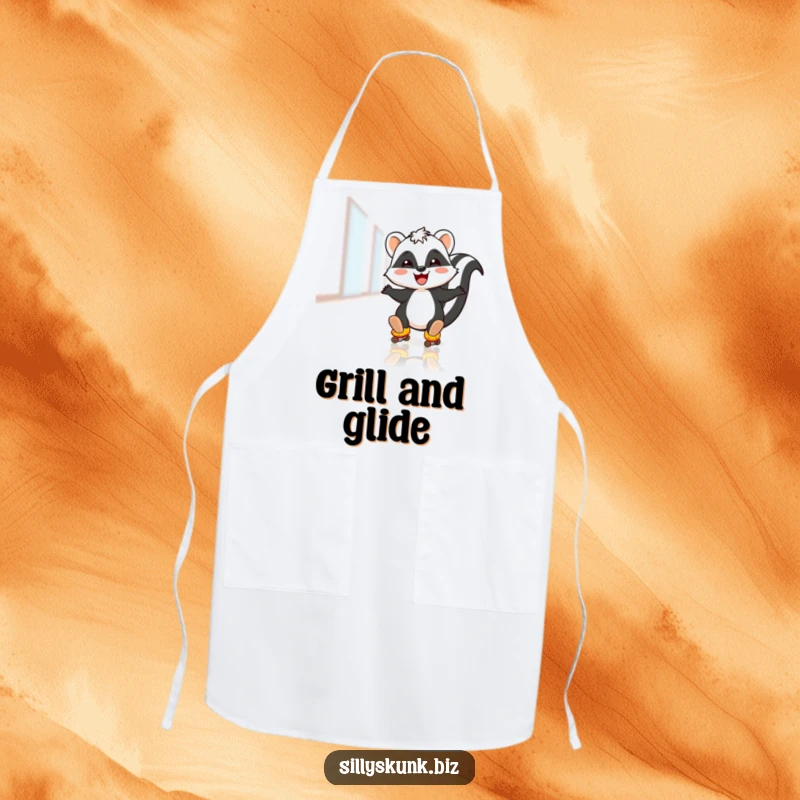 Funny apron with a skunk joyfully roller skating on an office floor, adding a playful touch to kitchen tasks.