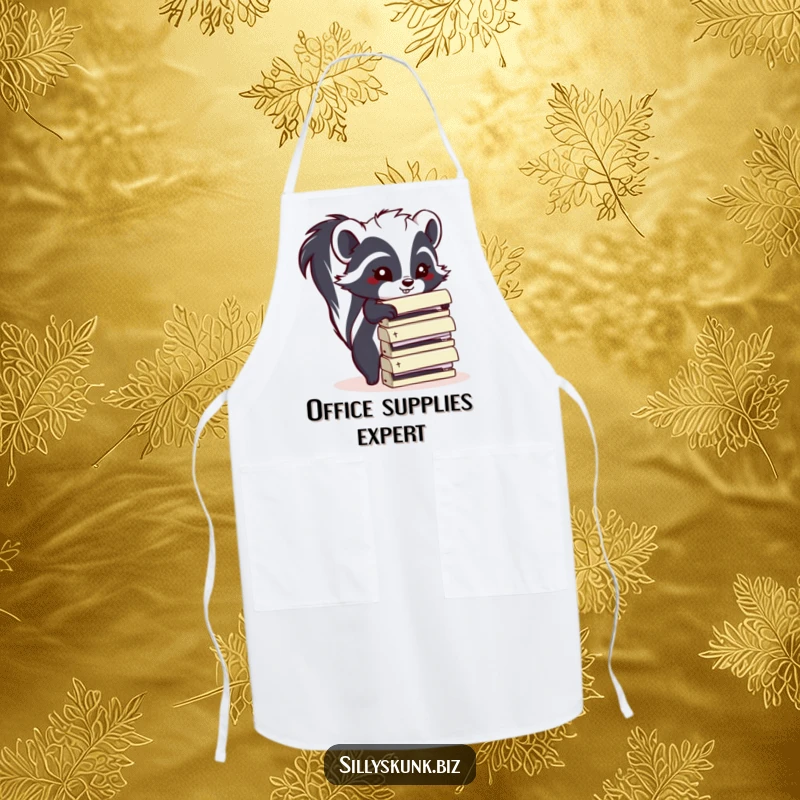Funny skunk wearing an apron, attempting to stack office staplers, ideal for a funny kitchen gift.