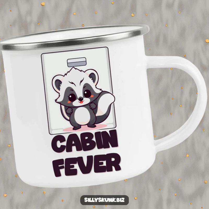 Funny skunk hiding in a filing cabinet with a cheeky grin, with a campfire in the background, on a camping mug.
