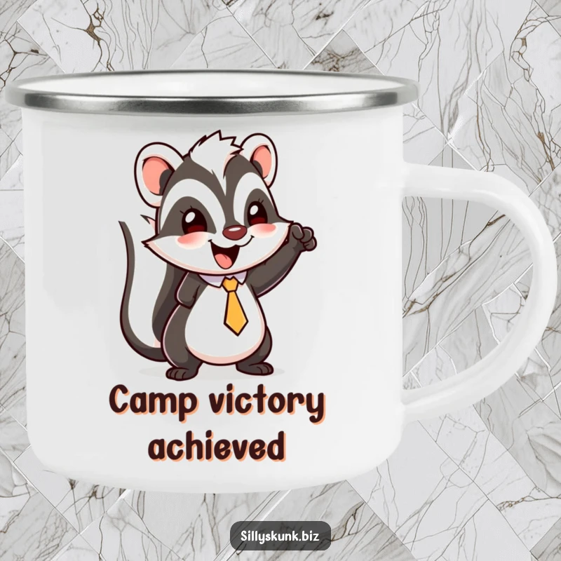 Funny skunk camping mug with a happy character wearing a tiny tie, doing a little triumphant fist pump.