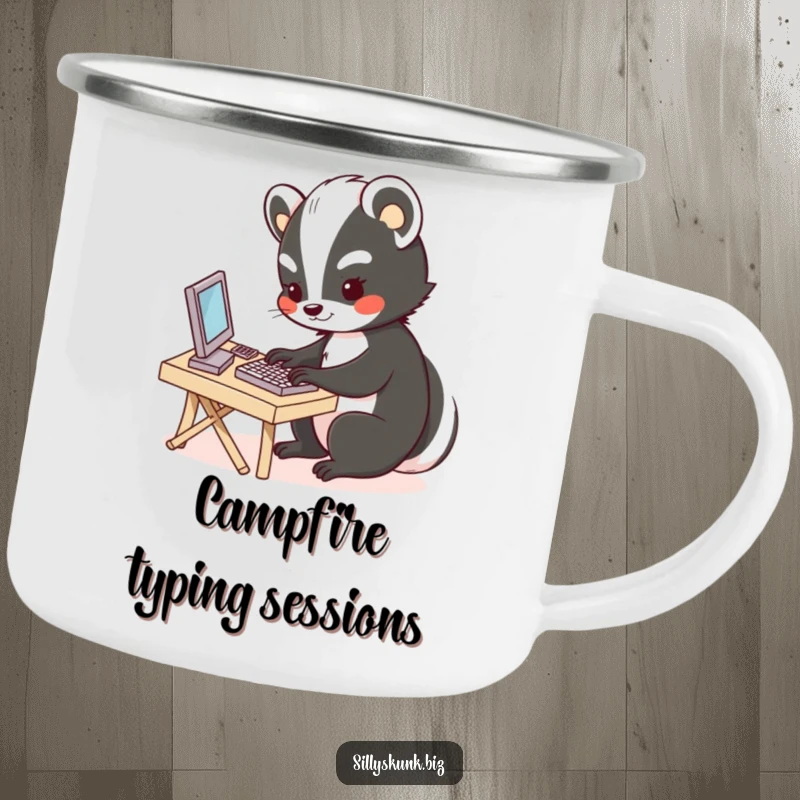 Funny camping mug featuring a cute skunk typing at a tiny desk, bringing office charm to outdoor excursions.