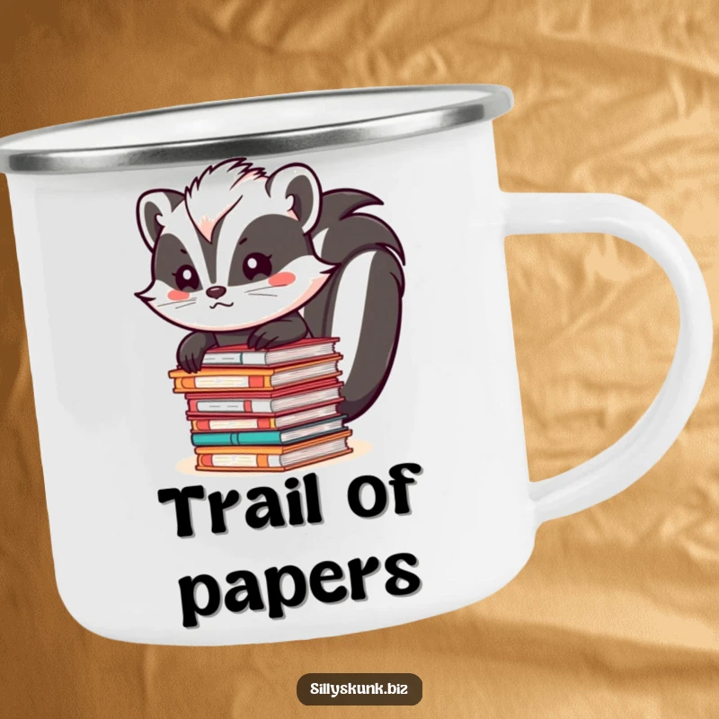 Funny skunk balancing a stack of files next to a campfire, on a durable camping mug.