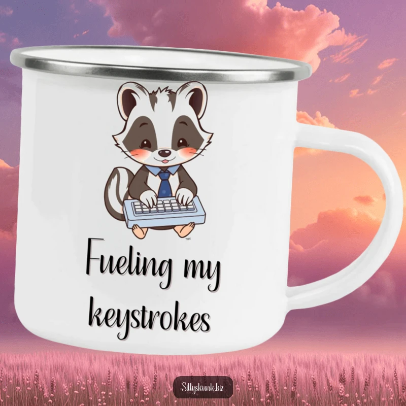 Funny skunk in a tiny tie, enthusiastically typing on a miniature keyboard, a durable and funny camping mug.