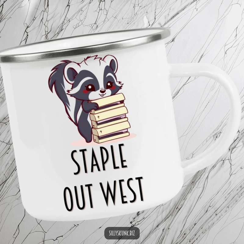 Funny skunk with a camping mug, stacking office staplers, ideal for outdoor adventures and a funny gift.