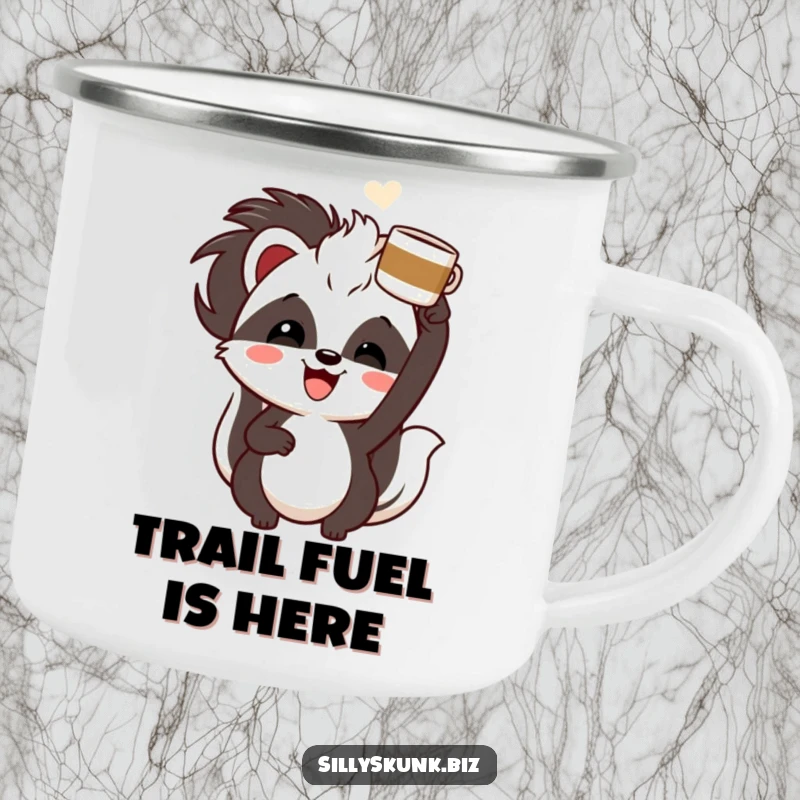 Funny skunk with a cheerful grin, enthusiastically holding a coffee cup overhead, a durable and funny camping mug.