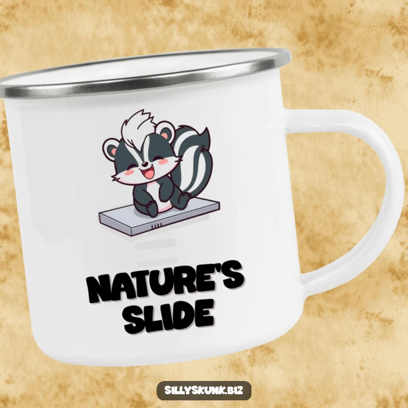 Funny skunk sliding down a photocopier tray, with a campfire in the background, on a camping mug.