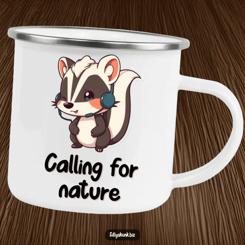 Funny skunk wearing a small headset, looking animated while on a call, a durable and funny camping mug.