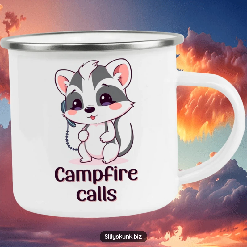 Funny skunk wearing a headset, holding a phone, with a campfire in the background, on a camping mug.