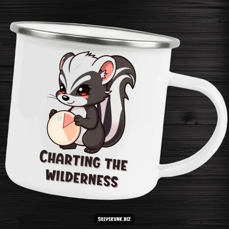 Funny skunk with a determined expression, proudly presenting a small pie chart, a durable and funny camping mug.