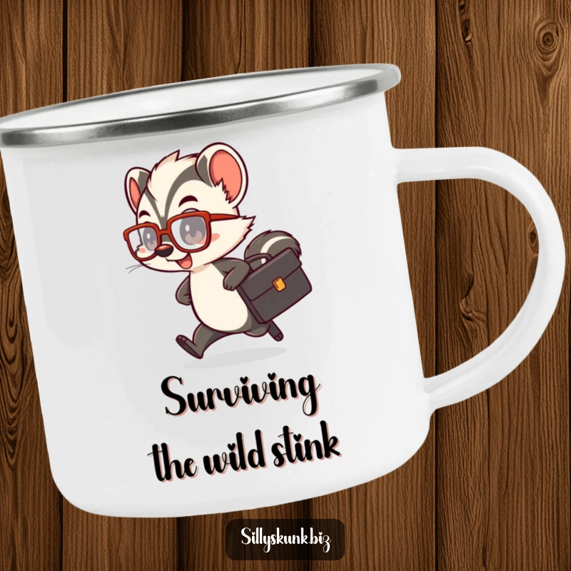 Funny skunk camping mug with a cute character wearing oversized glasses and rushing with a tiny briefcase.
