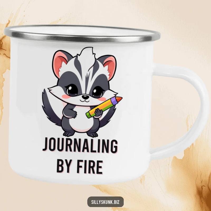 Funny camping mug with a determined skunk holding a bright pen, inspiring creativity on outdoor adventures.