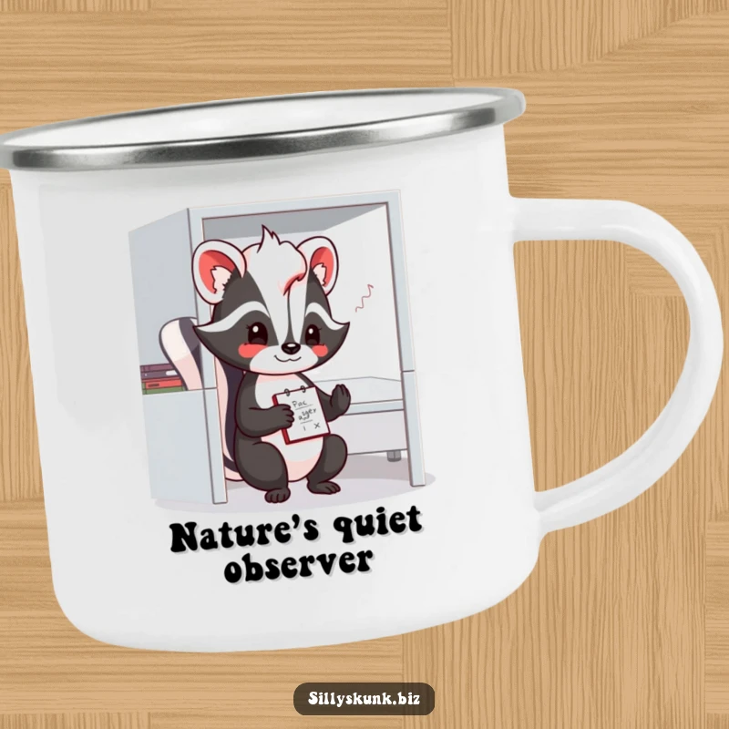 Funny skunk camping mug with a shy character doodling on a notepad in a small office cubicle.