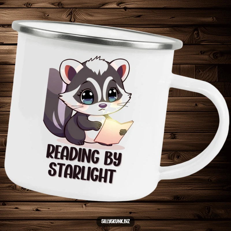 Funny camping mug with a curious skunk examining a glowing document, inspiring exploration on outdoor adventures.