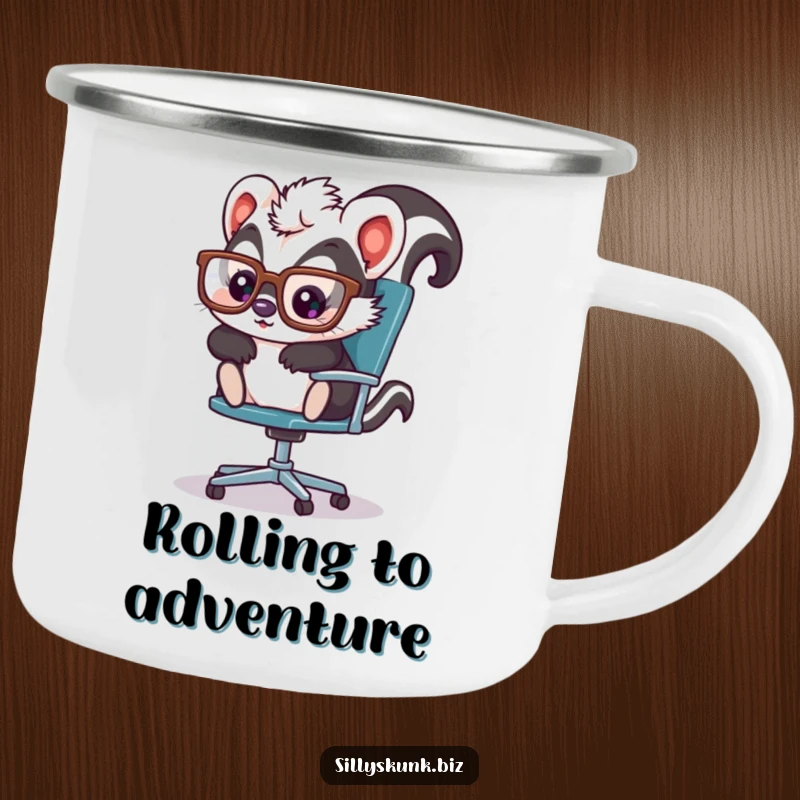 Cute skunk with oversized glasses, playfully sliding across an office chair, a durable and funny camping mug.