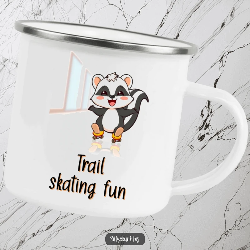 Funny camping mug with a skunk joyfully roller skating on an office floor, inspiring fun on outdoor adventures.