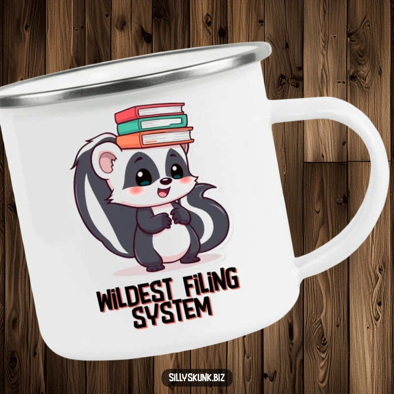Funny skunk skater enamel camping mug, showing the skunk balancing files, perfect for rugged use.