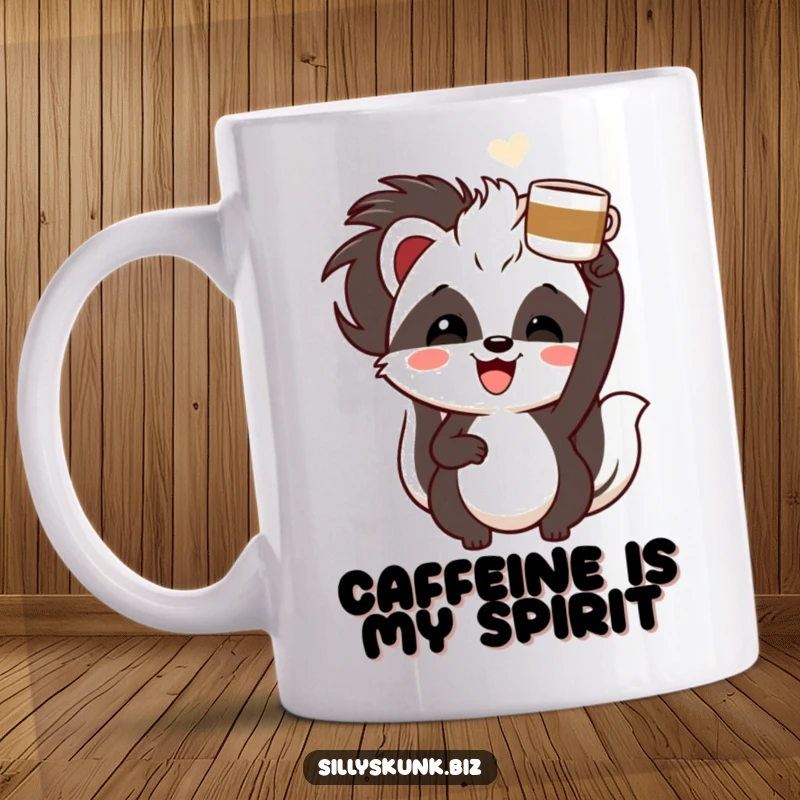 Funny skunk with a cheerful grin, enthusiastically holding a coffee cup overhead, a happy coffee mug.