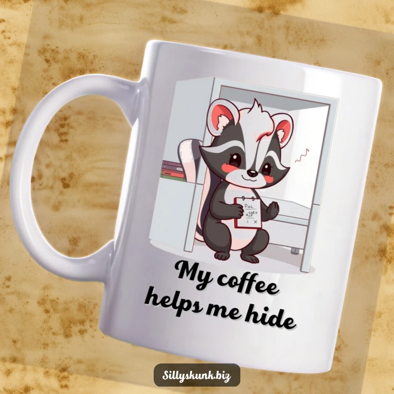 Funny shy skunk mug with a notepad, doodling contentedly in a small office cubicle setting.
