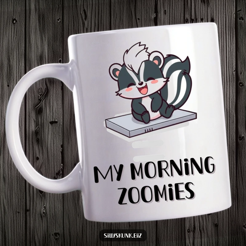 Funny skunk joyfully sliding down a photocopier tray, looking ecstatic, on a coffee mug.