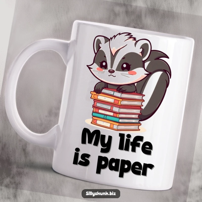 Funny skunk in a suit struggling to balance a tall stack of files, looking stressed but determined, on a coffee mug.