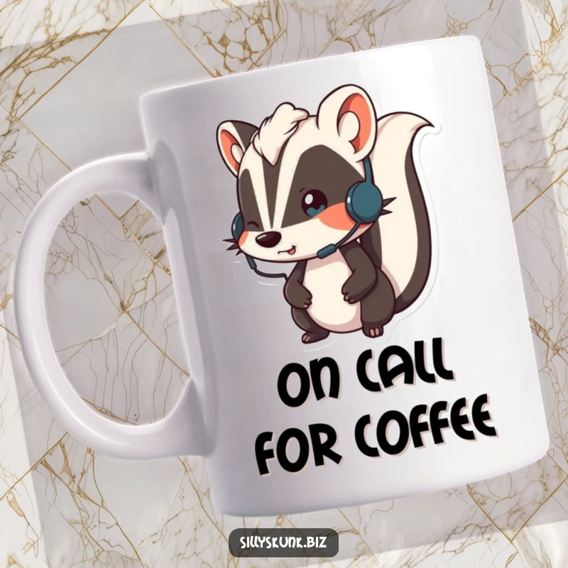 Funny skunk wearing a small headset, looking animated while on a call, a humorous communication mug.