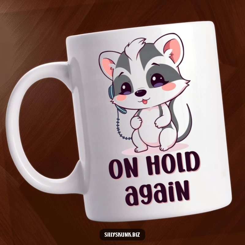 Funny skunk wearing a tiny headset, looking confused while holding a phone, on a coffee mug.