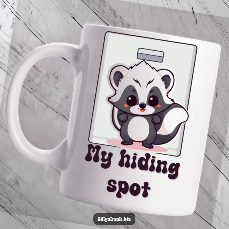 Funny skunk peeking out of a filing cabinet with a cheeky grin, on a coffee mug.