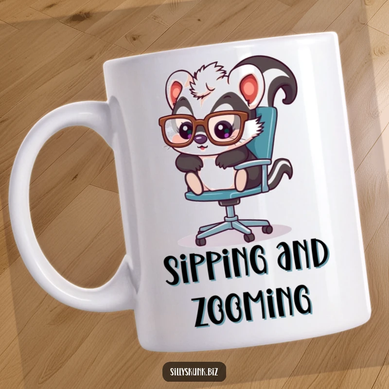 Cute skunk with oversized glasses, playfully sliding across an office chair, a humorous office mug.