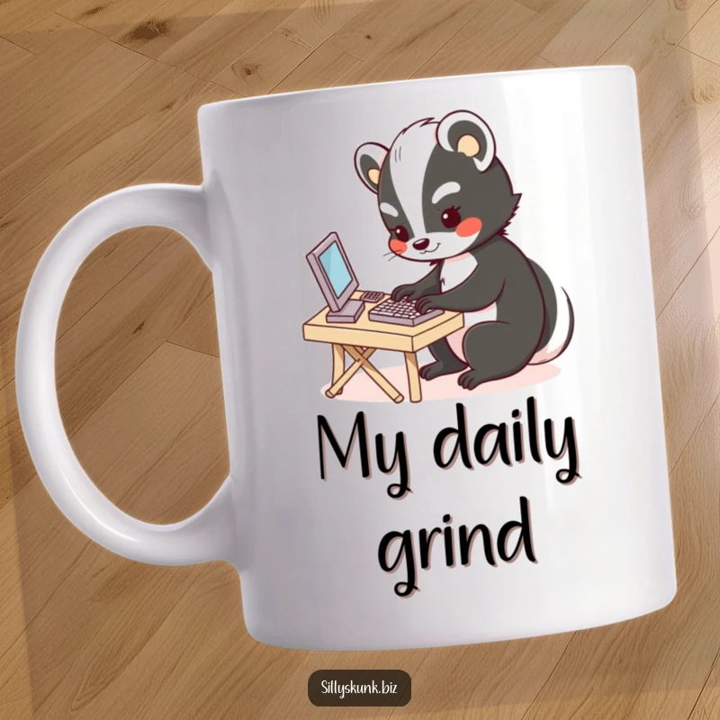Funny mug featuring a cute skunk diligently typing on a miniature keyboard at a tiny desk, embodying office charm.