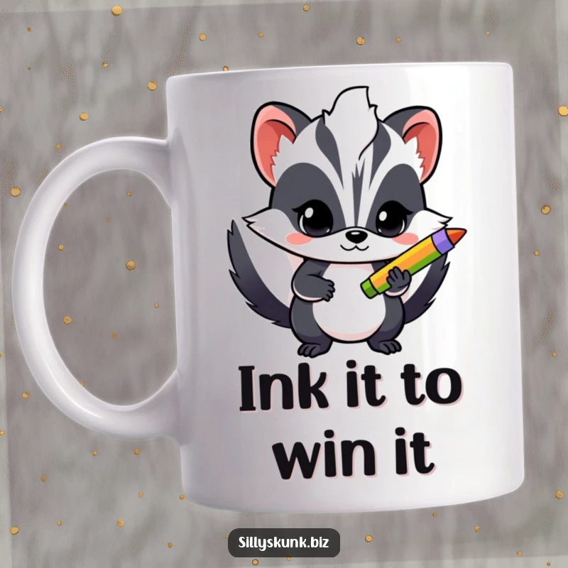 Funny mug showing a determined skunk holding a brightly colored pen, ready to write or draw with focus.