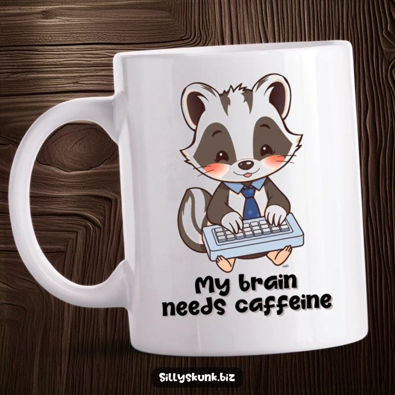 Funny Kawaii skunk in a tiny tie, enthusiastically typing on a miniature keyboard, perfect for office humor.