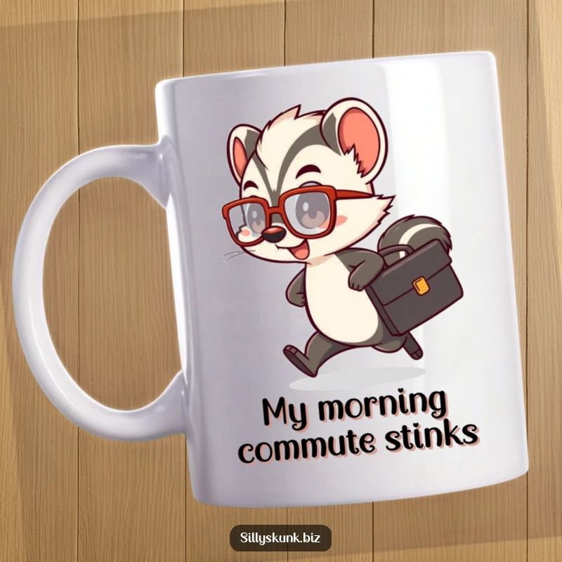 Funny skunk mug featuring a cute character with a tiny briefcase and oversized glasses, rushing comically.