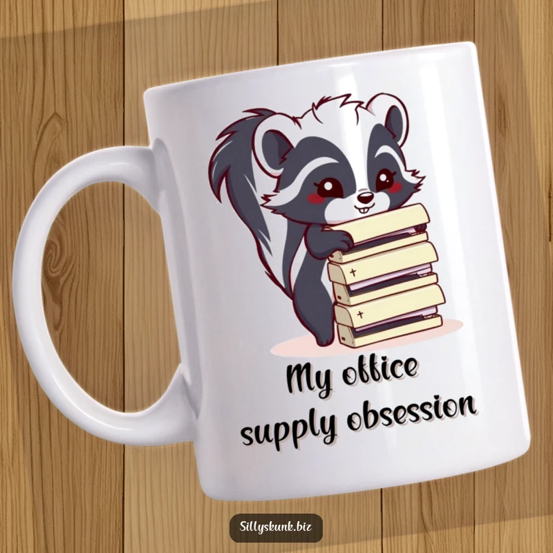 Funny skunk stacking office staplers with a mischievous grin, perfect for a humorous mug gift idea.