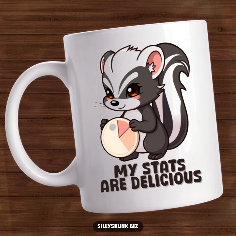 Funny skunk with a determined expression, proudly presenting a small pie chart, a humorous analysis mug.