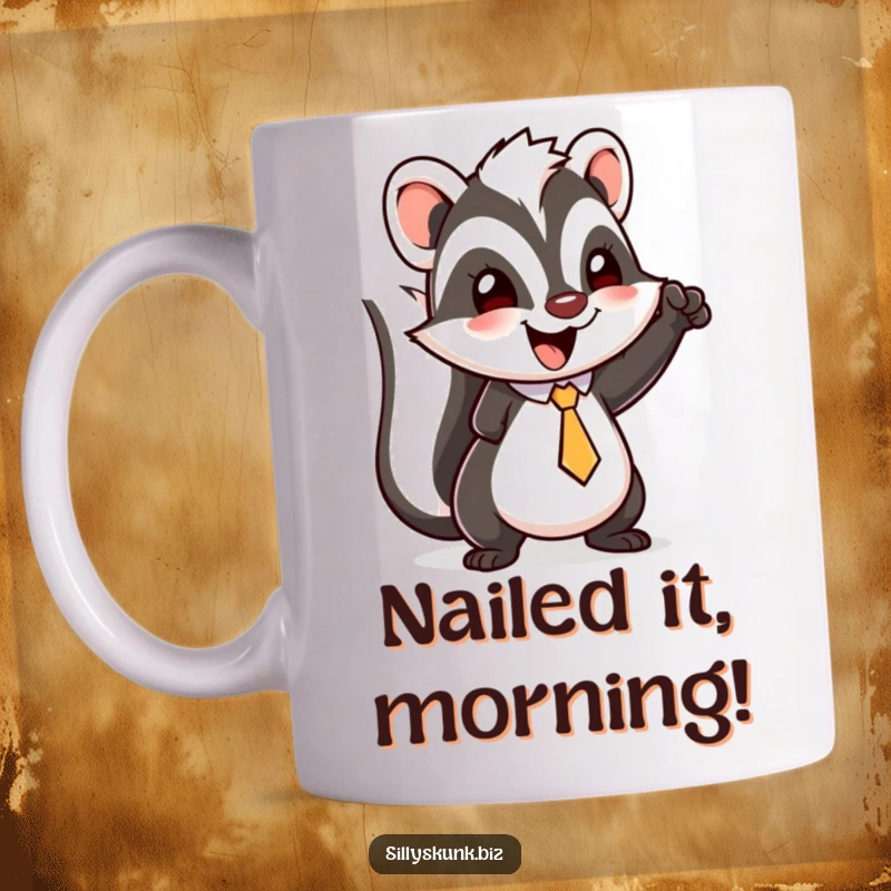 Funny happy skunk mug with a tiny tie, doing a little triumphant fist pump with a joyful expression.
