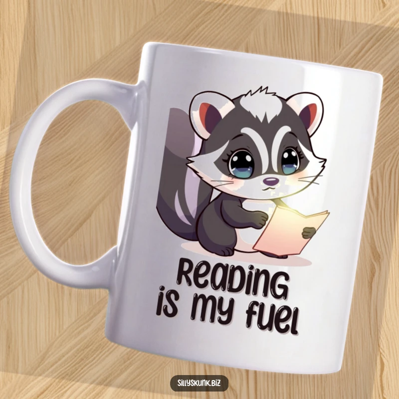 Funny mug showing a curious skunk with wide eyes, intently examining a small, glowing document with wonder.
