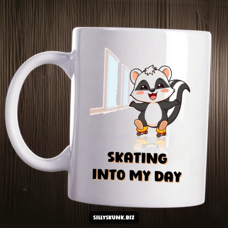 Funny mug showing a skunk joyfully sliding on roller skates across a polished office floor with sheer delight.