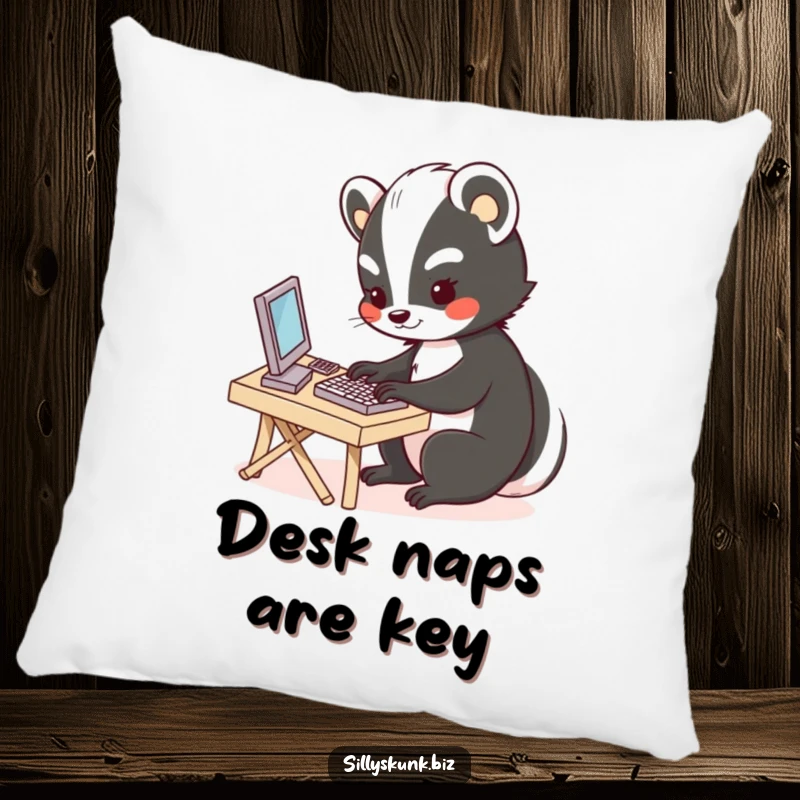 Funny pillow featuring a cute skunk typing at a tiny desk, providing comfort and a hint of office-themed whimsy.